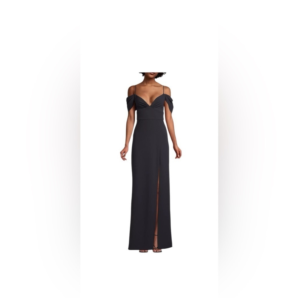 Sachin and Babi New Brittnany Off Shoulder Navy Gown with Slit Size 4